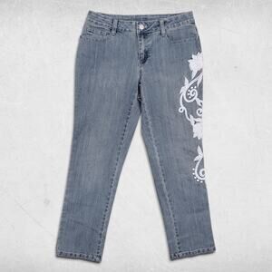 Boston Proper Jeans Womens 4 Light Wash Straight Embellished Beads Floral Boho